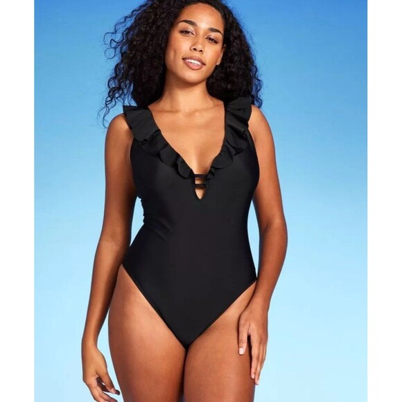 Shade & Shore Other - NWT Shade & Shore Black Ruffle Plunge One Piece Swimsuit